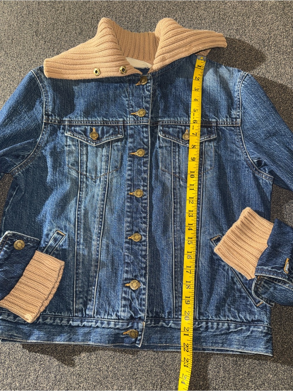 Jones New York Denim Jacket with Knit Collar and Cuffs - Blue and Tan